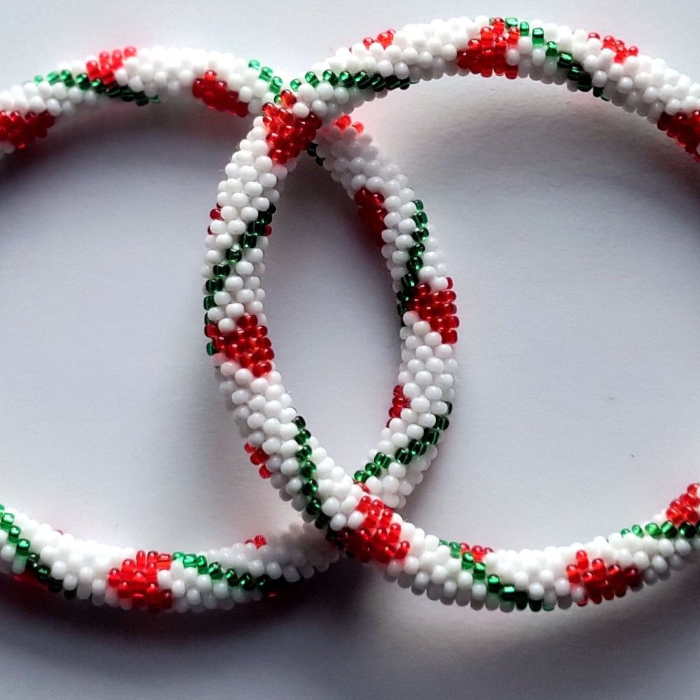 Set of 2 Red, White, and Green Christmas Colors Handmade Glass Beaded Nepal